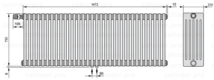 Схема (чертеж) Радиатор Zehnder Charleston 6075/32 №V007 Белый глянцевый RAL 9016